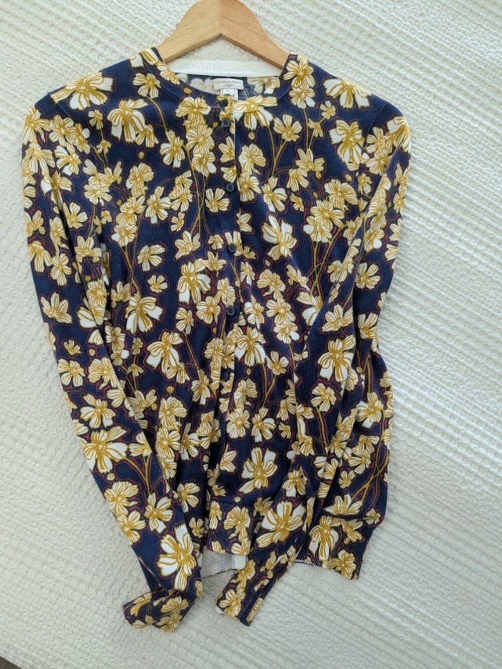 J.Crew M Cotton Floral Knitted Cardigan Navy Botanical Print Brunch Cottagecore - Picture 12 of 14